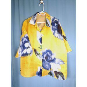 Carolina Herrera Women Taxi Cab Yellow Navy Floral Print Button Silk Shirt Sz 20